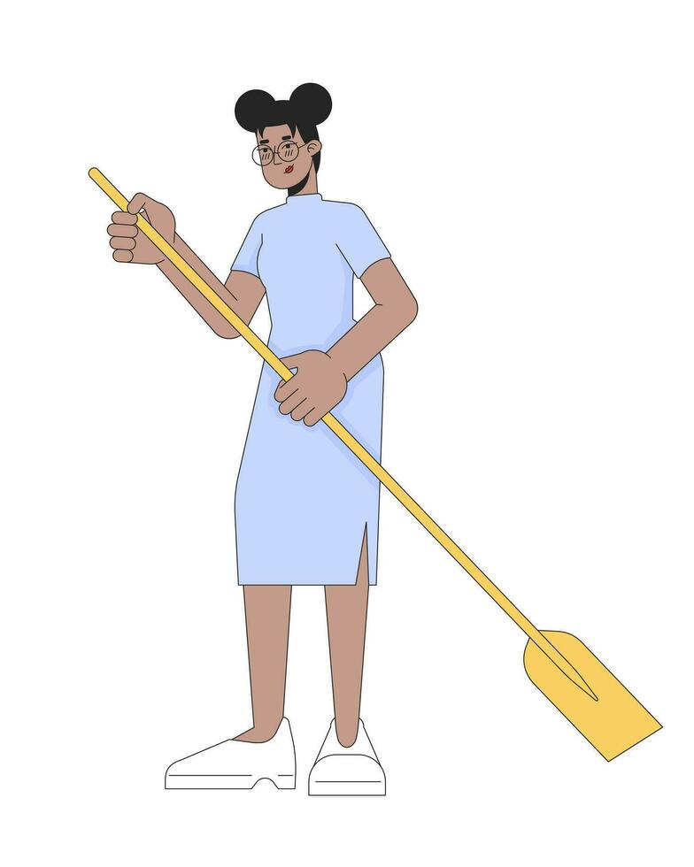 formel porter noir Jeune femme en portant pagayer 2d linéaire dessin animé personnage. africain américain femelle isolé ligne vecteur la personne blanc Contexte. l'eau activité aviron Couleur plat place illustration