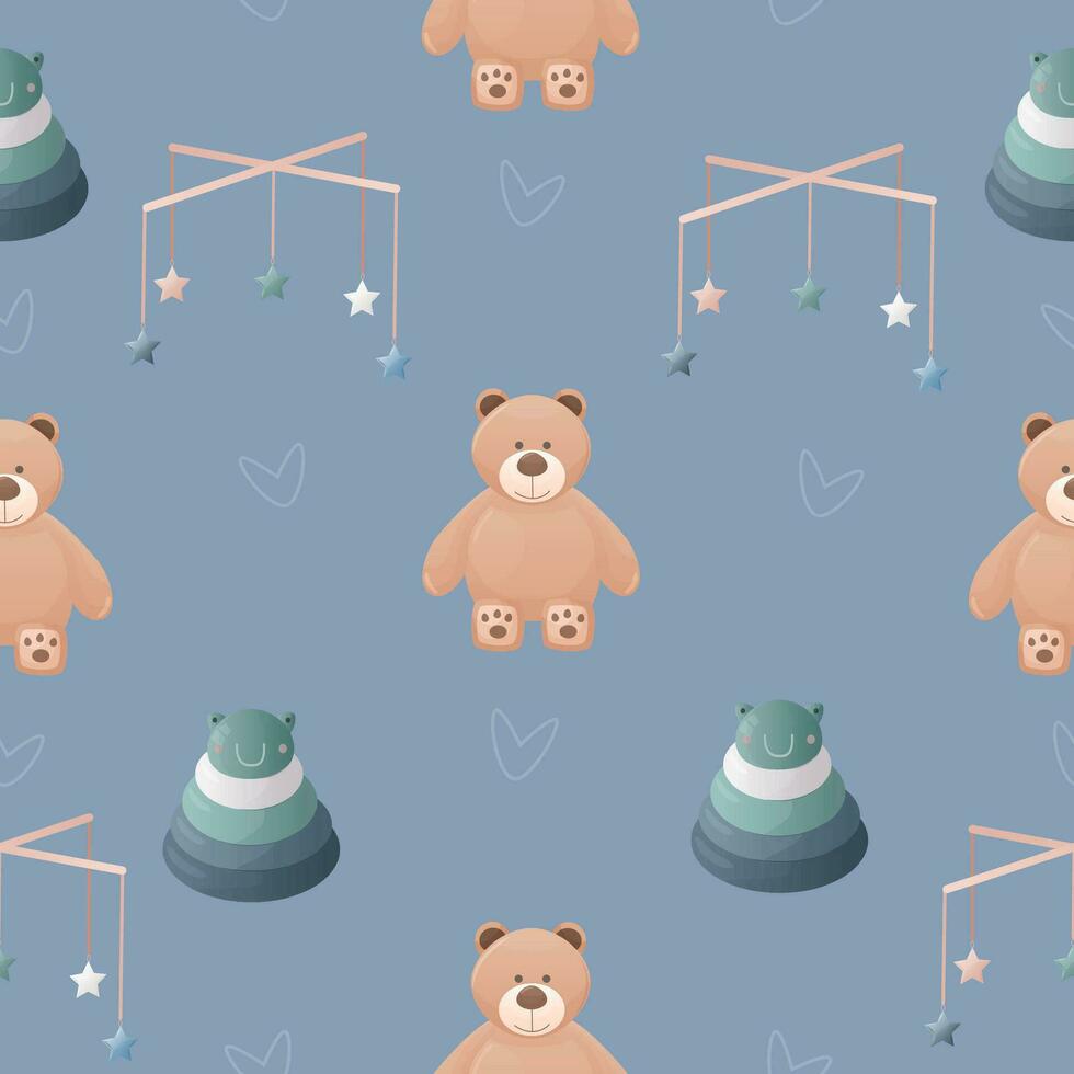 mignonne bébé jouets sans couture vecteur modèle avec nounours ours, pyramide.