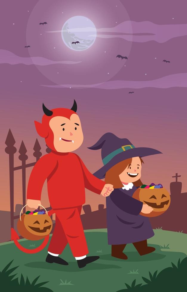 tour ou traitement des enfants en costume de fête d'halloween vecteur