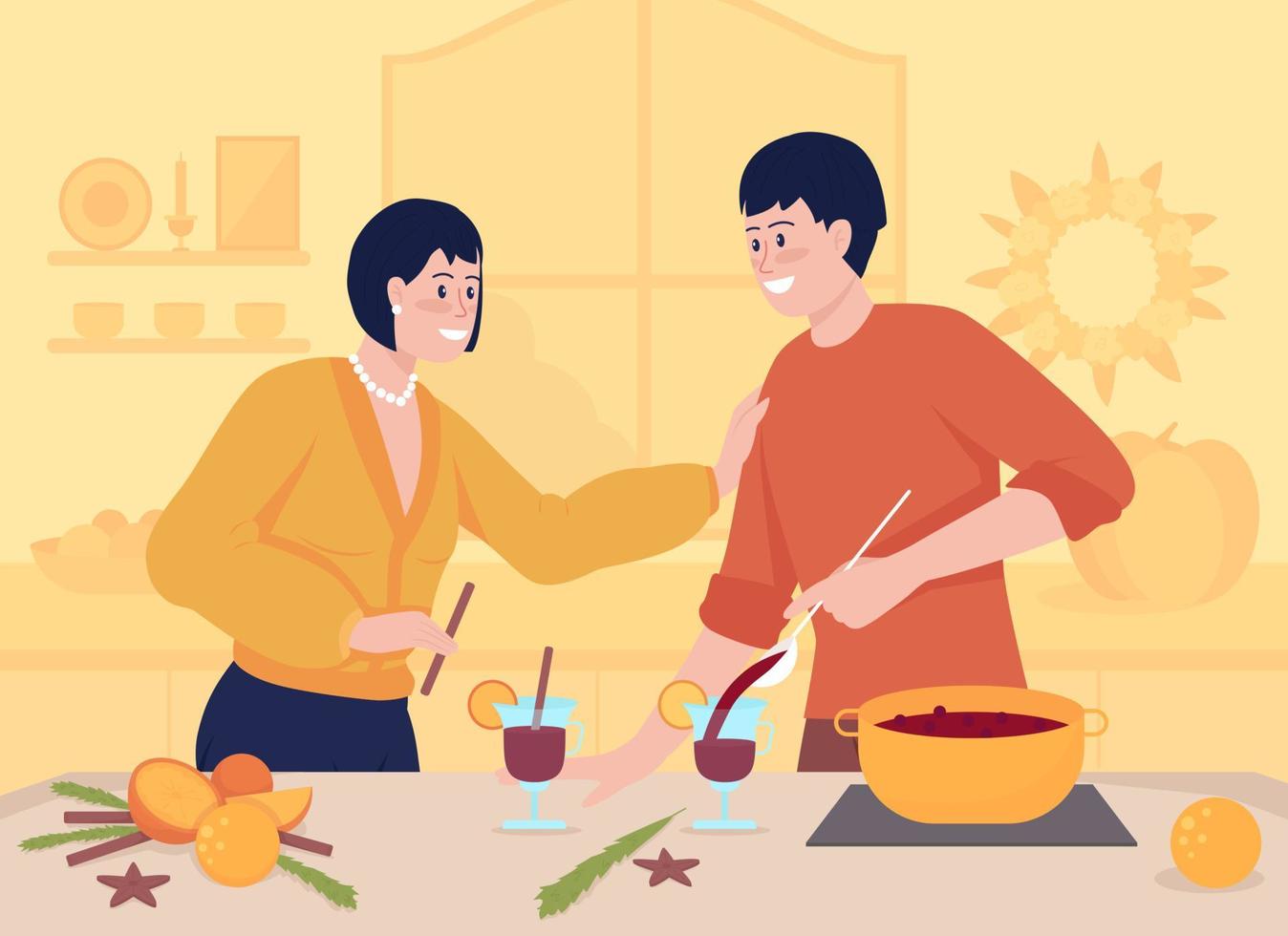 l'automne boit une illustration vectorielle de couleur plate. cuisiner du vin chaud à la maison ensemble. homme et femme souriants. couple heureux dans la cuisine personnages de dessins animés 2d avec intérieur sur fond vecteur