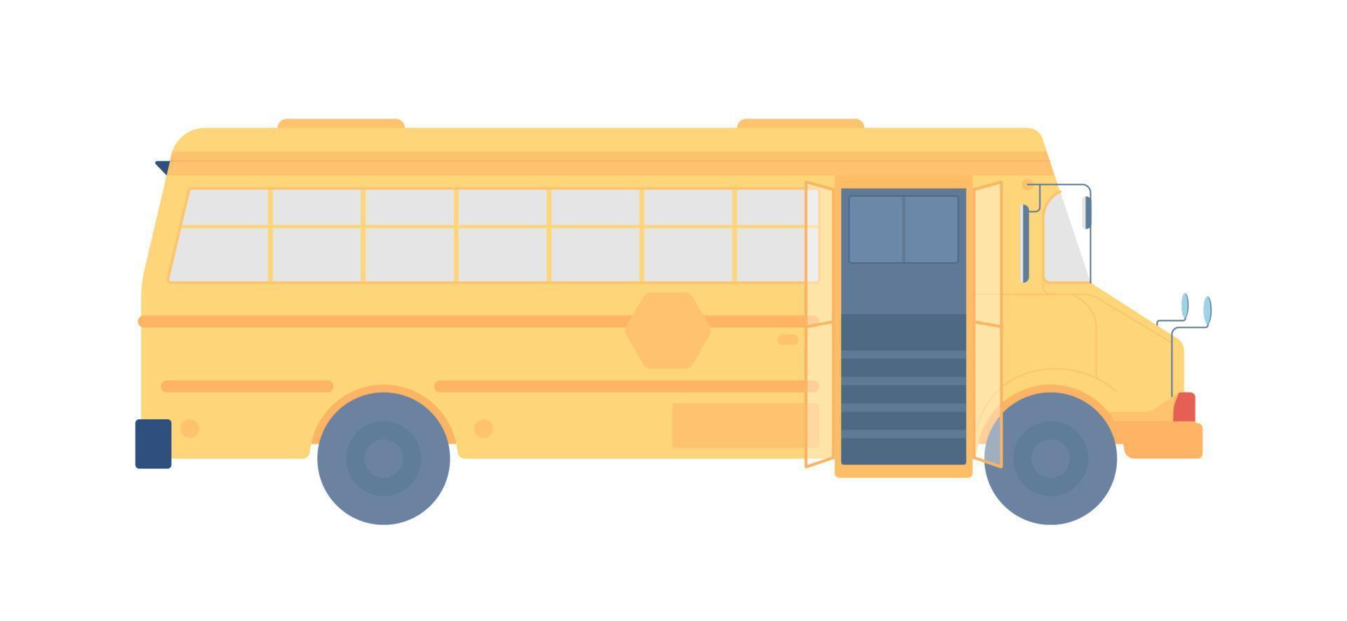 élément de vecteur de couleur semi-plat de bus scolaire. transport à l'école maternelle. objet réaliste complet sur blanc. retour à l'école isolé illustration de style dessin animé moderne pour la conception graphique et l'animation