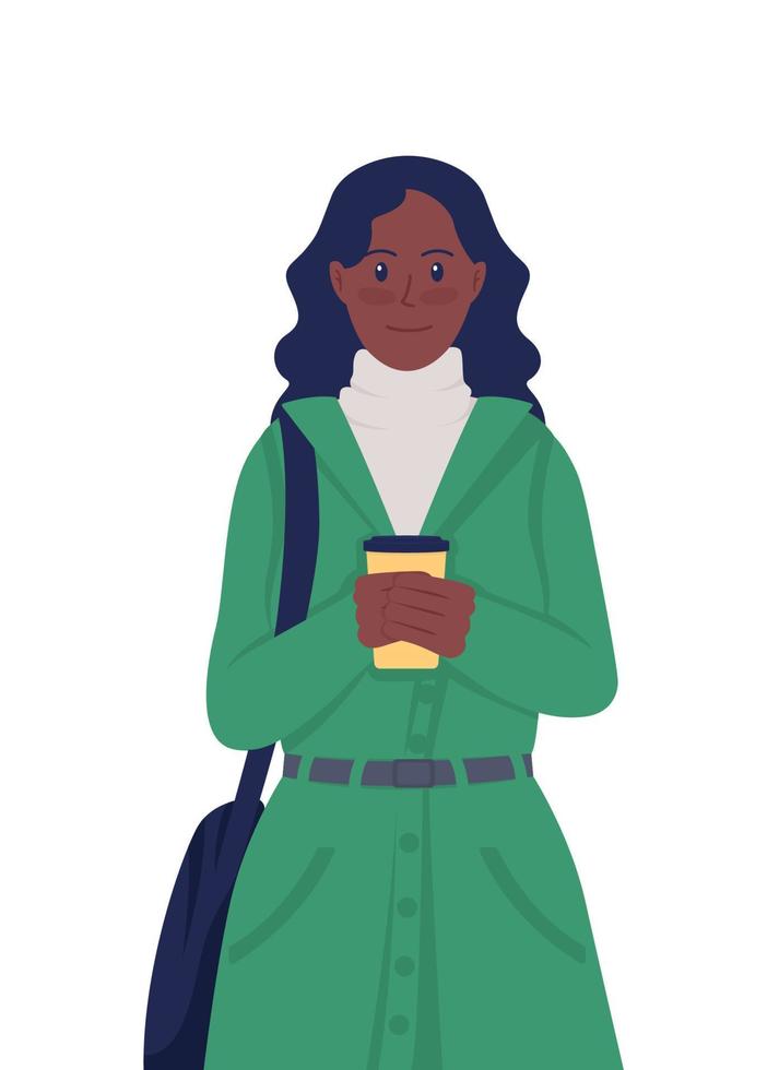 fille avec du café en manteau caractère vectoriel de couleur semi-plat. personnage posant. personne de tout le corps sur blanc. illustration de style dessin animé moderne isolé automne pour la conception graphique et l'animation