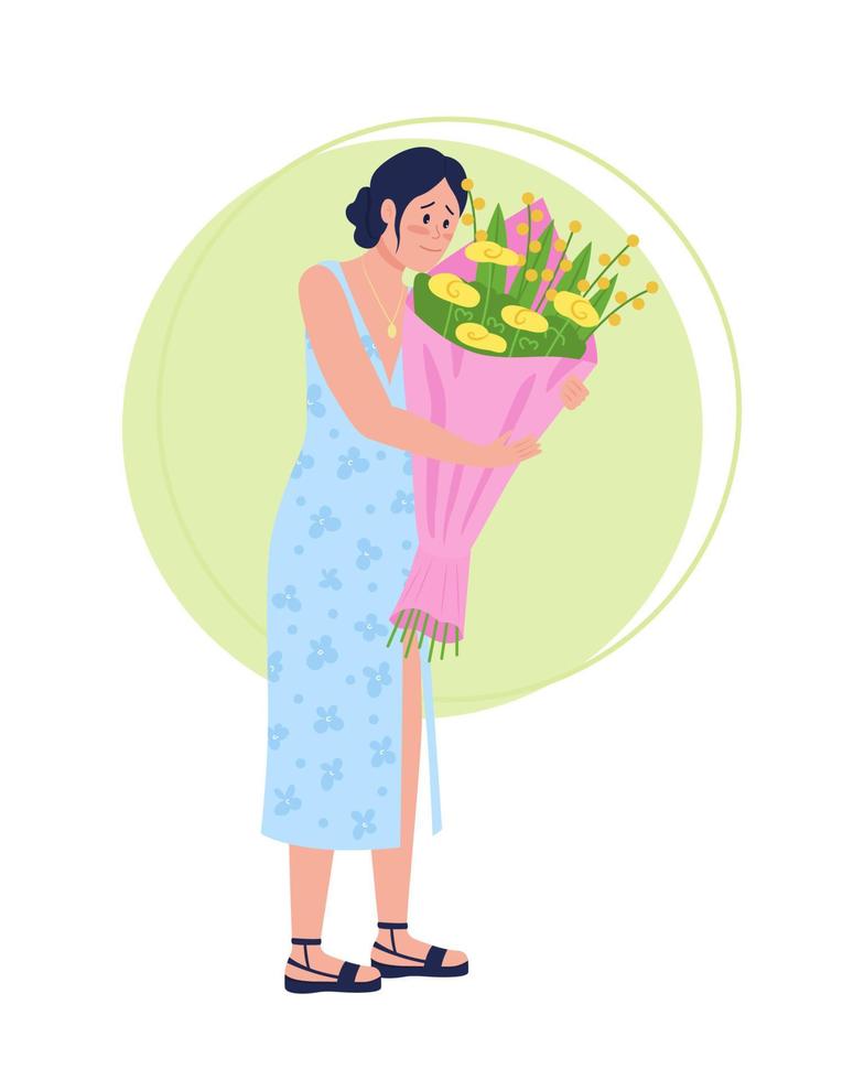 femme heureuse avec caractère de vecteur de couleur semi-plat bouquet. personnage posant. personne de tout le corps sur blanc. livraison de fleurs isolé illustration de style dessin animé moderne pour la conception graphique et l'animation