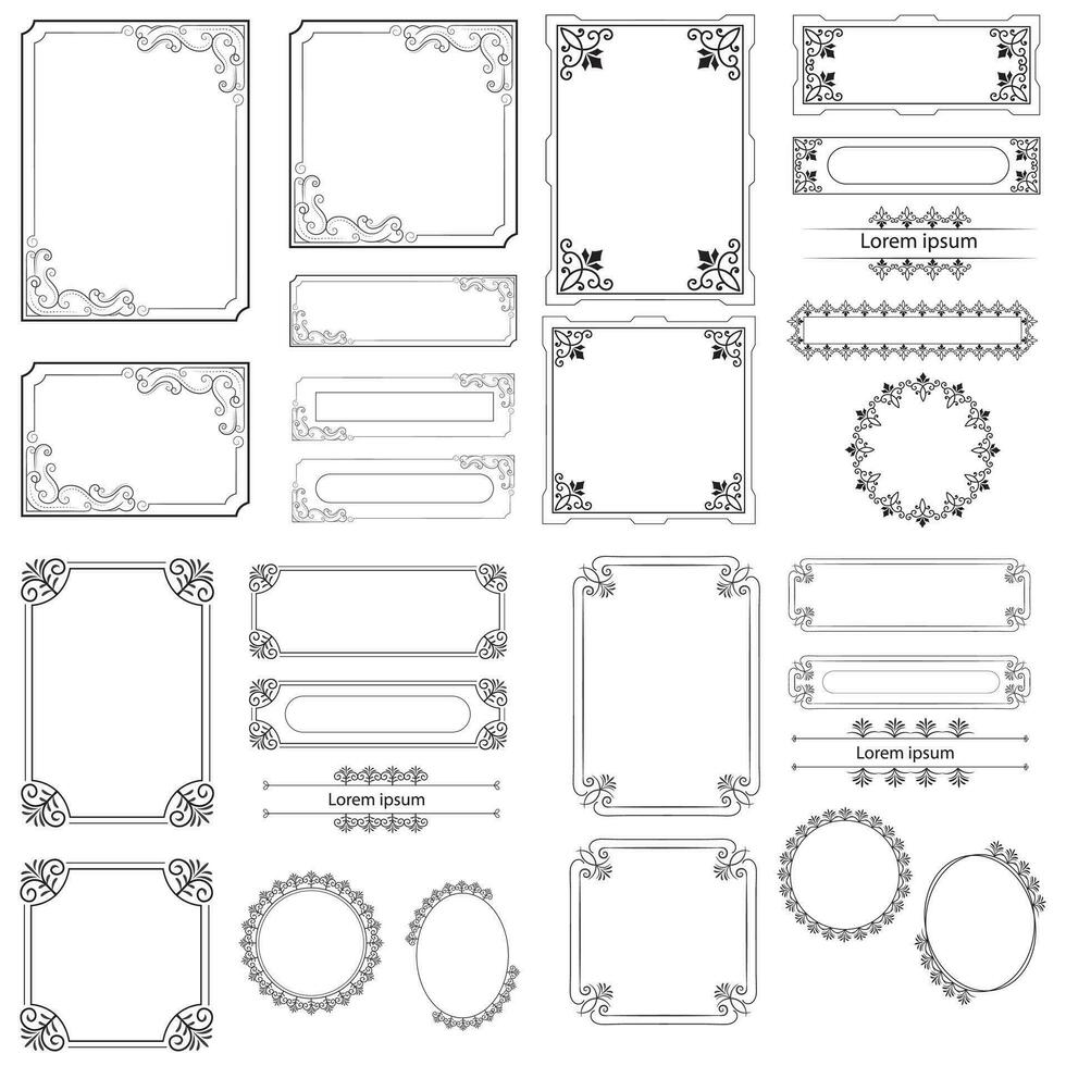 ensemble de décoratif ancien coin forme cadres et les frontières. floral ornemental Cadre. calligraphique Cadre et page décoration. vecteur illustration
