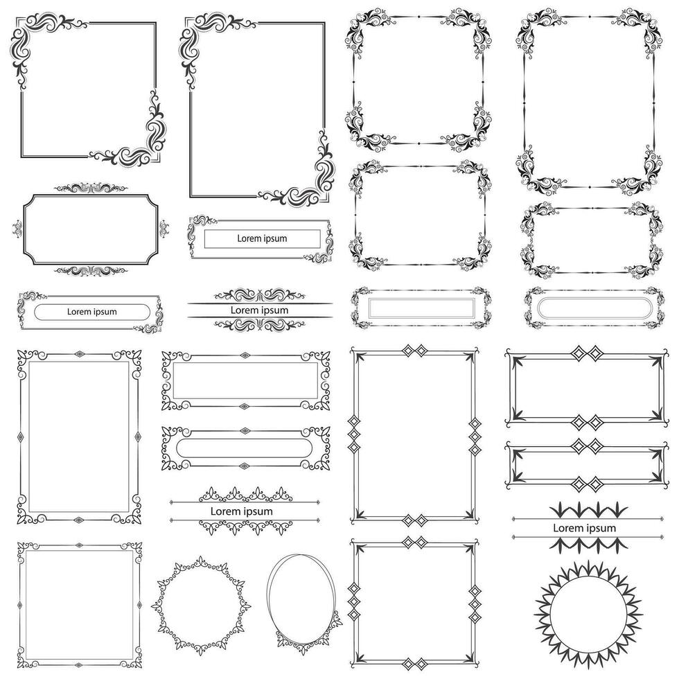 ensemble de décoratif ancien coin forme cadres et les frontières. floral ornemental Cadre. calligraphique Cadre et page décoration. vecteur illustration