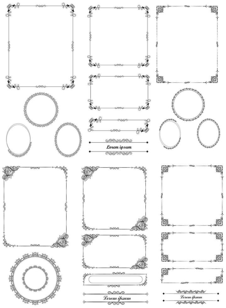 ensemble de décoratif ancien coin forme cadres et les frontières. floral ornemental Cadre. calligraphique Cadre et page décoration. vecteur illustration