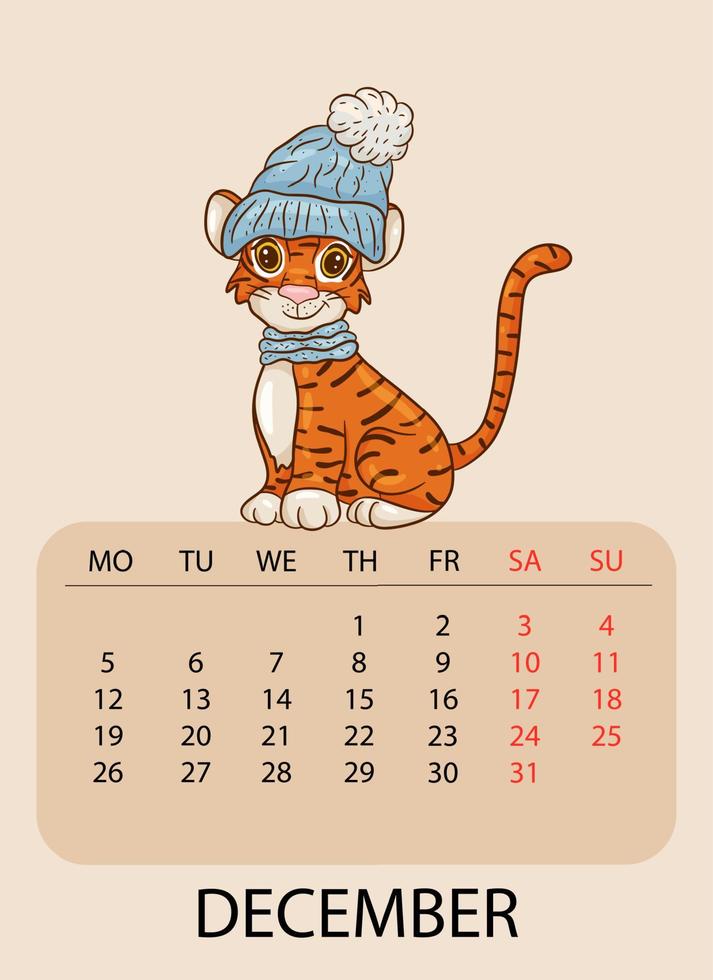 modèle de conception de calendrier pour décembre 2022, l'année du tigre selon le calendrier chinois ou oriental, avec l'image du tigre avec un chapeau bleu chaud. table avec calendrier pour décembre 2022.vector vecteur