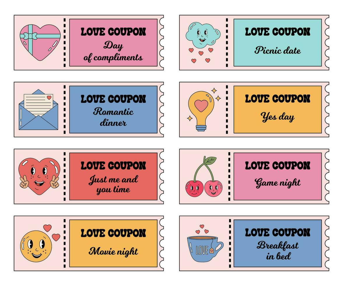 valentines journée des billets, l'amour coupon ensemble pour copain ou petite amie. l'amour romantique coupons collection, bon ensemble dans rétro sensationnel style pour des couples. cadeau pour Valentin journée. vecteur