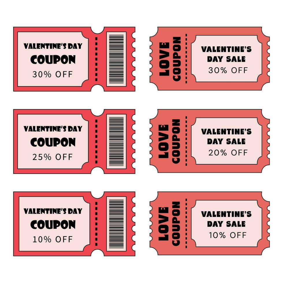 valentines journée des billets, l'amour coupon ensemble. Valentin vente, spécial des offres, remises coupons pour achats, cadeaux, Restaurants, cinémas, les cafés. bon vacances vente ensemble dans rétro style. vecteur