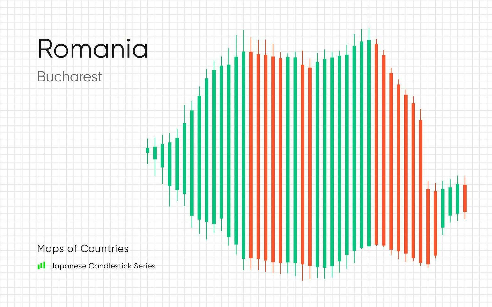 Roumanie carte est montré dans une graphique avec bars et lignes. Japonais chandelier graphique séries vecteur