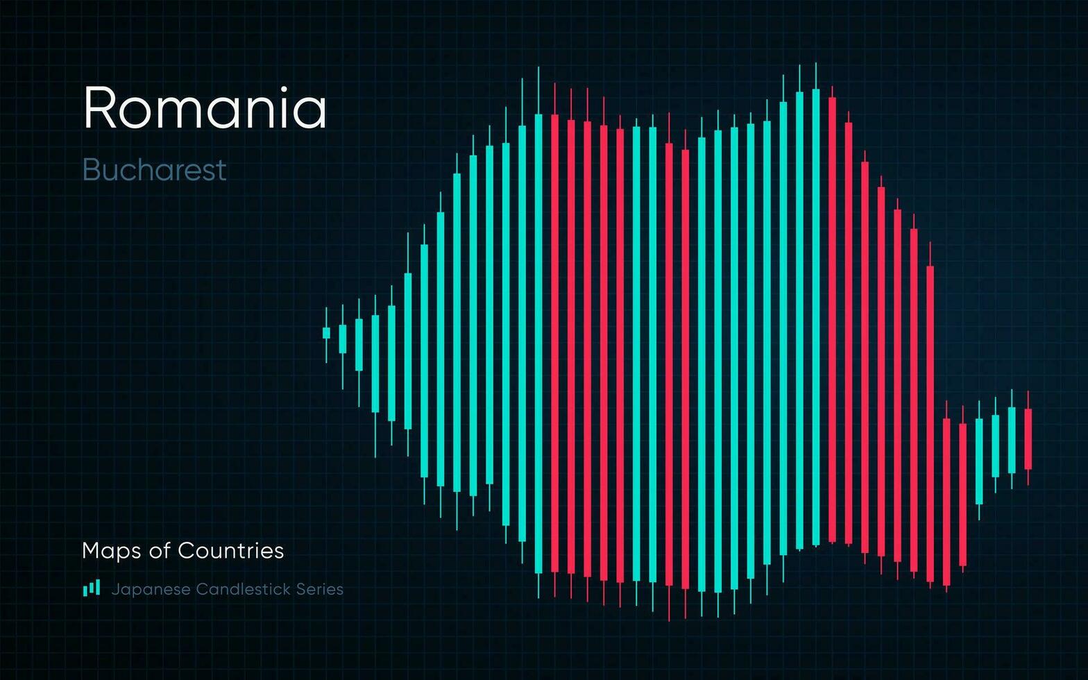 Roumanie carte est montré dans une graphique avec bars et lignes. Japonais chandelier graphique séries vecteur