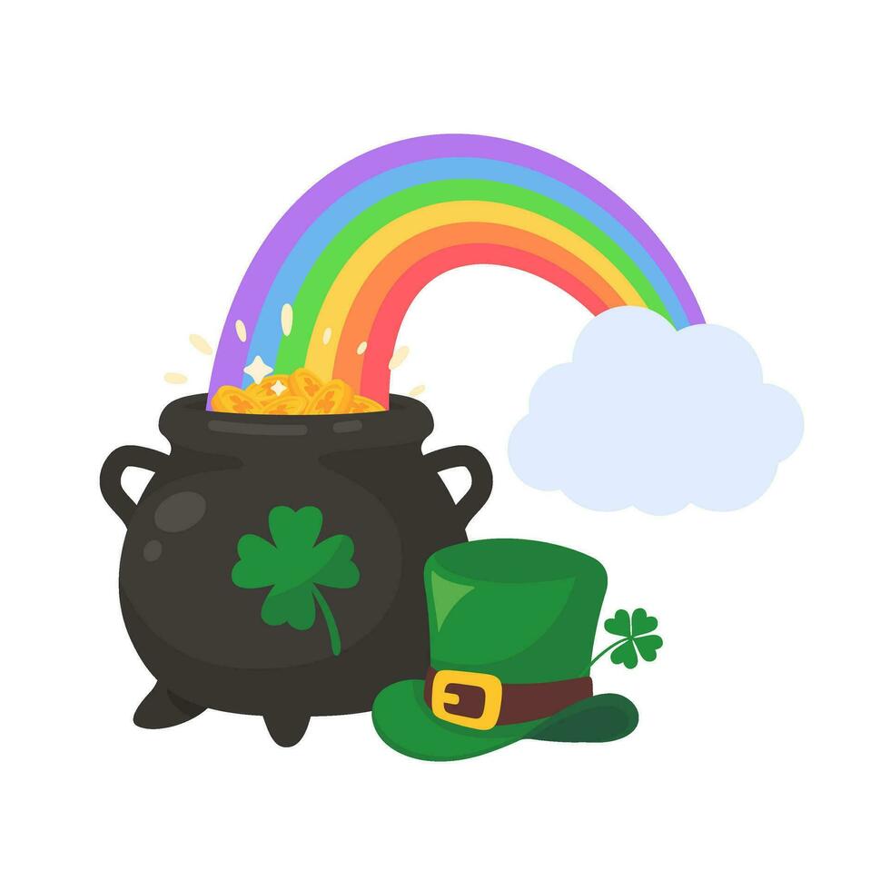 une nuage cette pousse une arc en ciel sur une pot plein de or pièces de monnaie avec le trèfle symbole de bien la chance sur st patrick's Festival vecteur