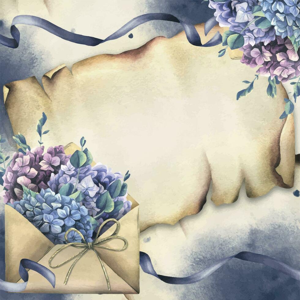 artisanat enveloppe avec hortensia et eucalyptus fleurs, rubans, taches et éclaboussures. main tiré aquarelle illustration. cadre, carré modèle pour texte sur une papier faire défiler Contexte vecteur