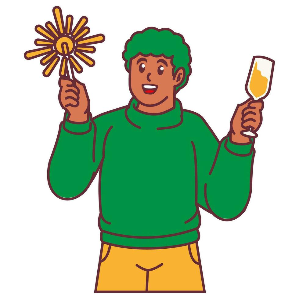 une homme célébrer fête en portant feux d'artifice et verre de Champagne vecteur