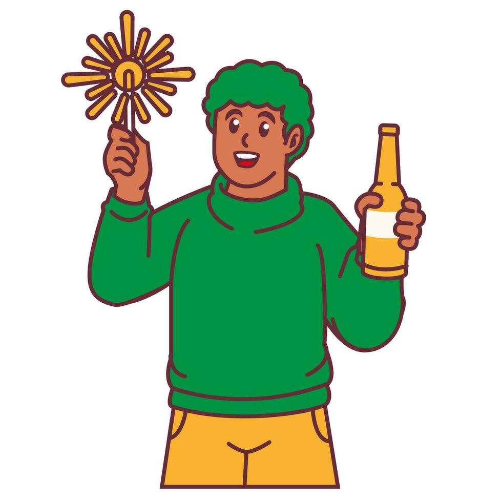 une homme célébrer fête en portant feux d'artifice et bouteilles vecteur