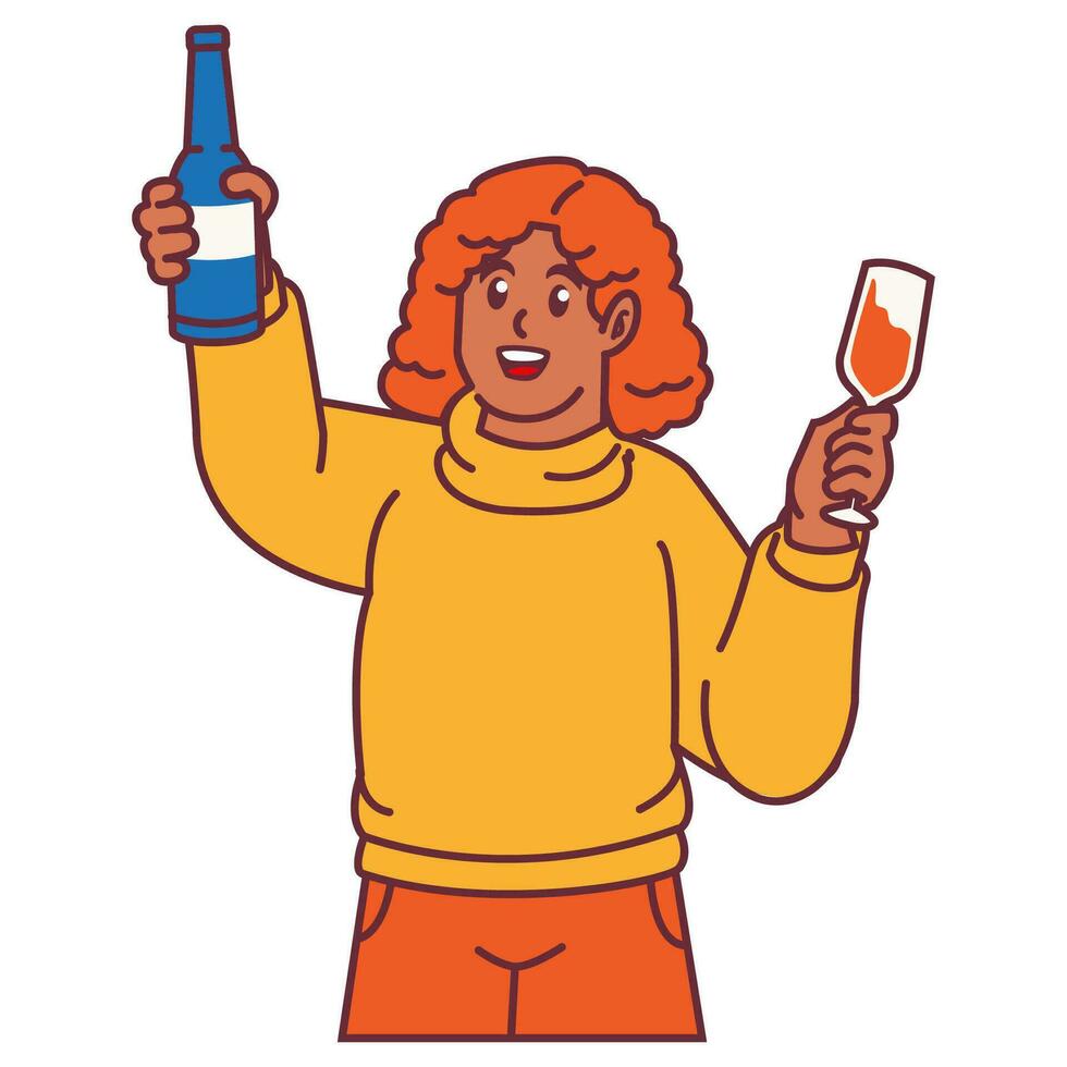 une femme célébrer fête et en portant verre de Champagne avec bouteilles vecteur