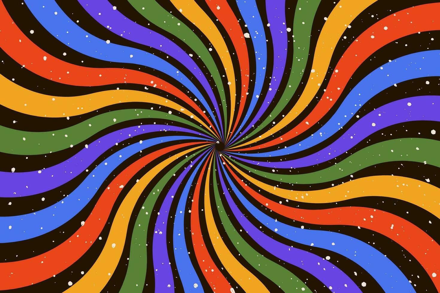 sensationnel abstrait arc en ciel tourbillon sur noir Contexte. rétro conception dans 1960-1970 style. ancien sunburst toile de fond. coloré été hippie carnaval vecteur illustration