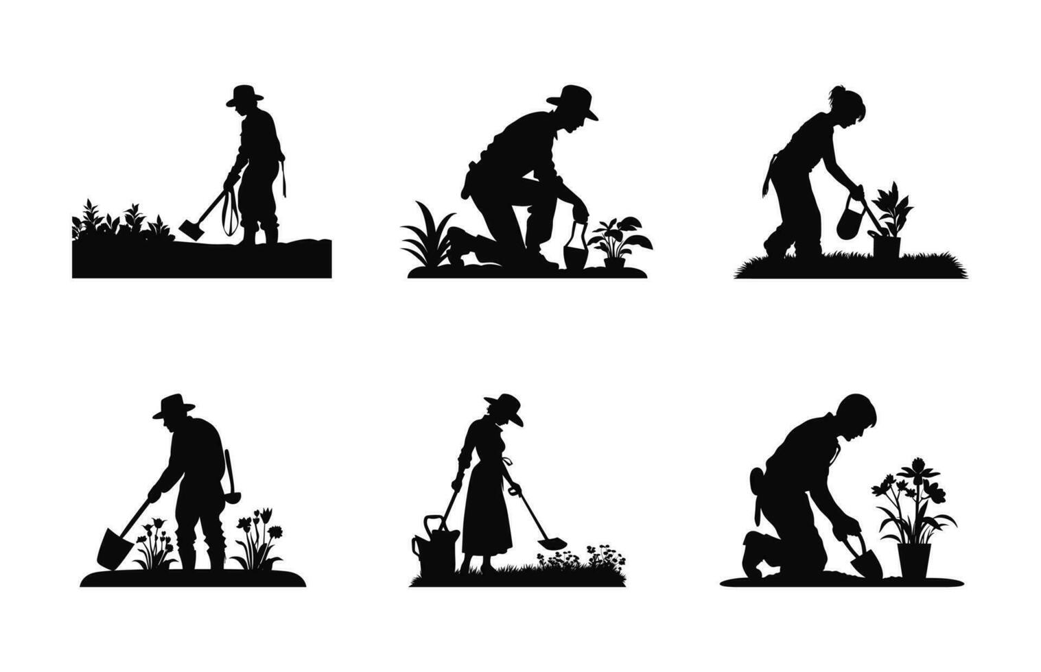 jardinage gens silhouettes vecteur ensemble, jardinier silhouette noir clipart paquet