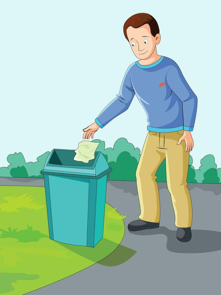homme lancement des ordures dans une poubelle vecteur