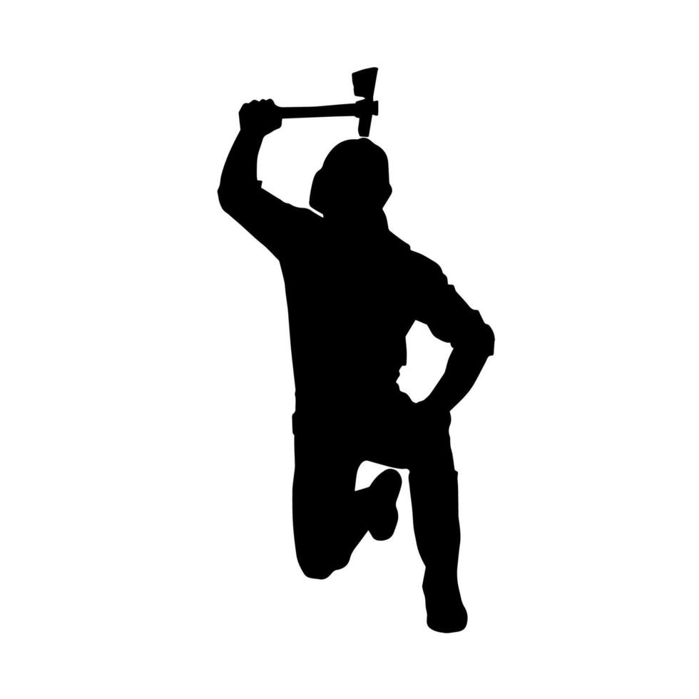 silhouette de une ouvrier dans action pose en utilisant le sien hache outil. vecteur