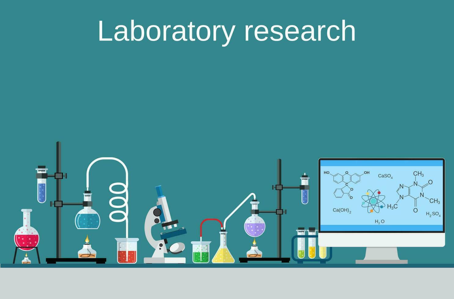 processus de recherche chimique d'ordinateur de table de travailleur de laboratoire. vecteur