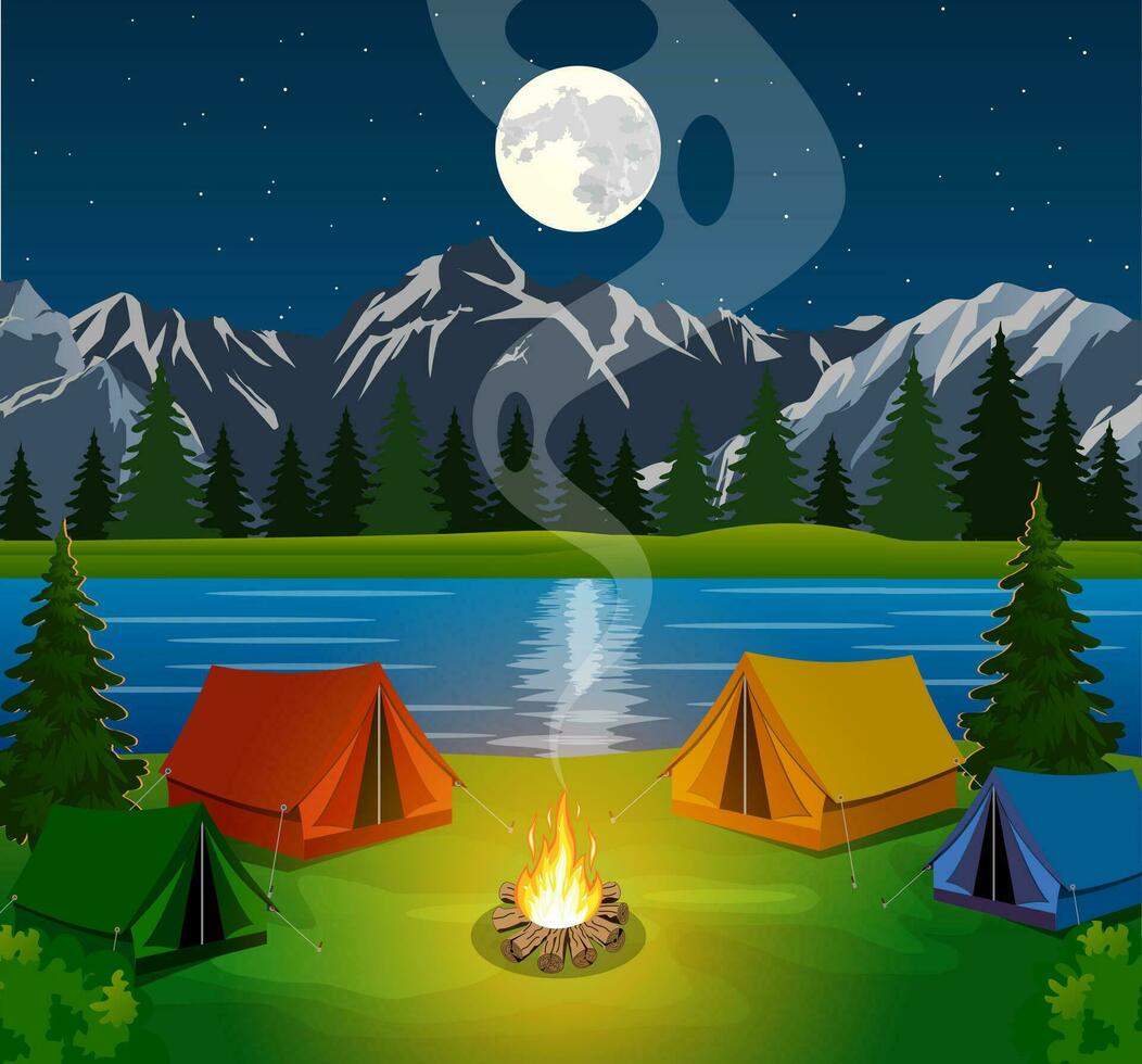affiche montrant site de camp avec une feu de camp vecteur