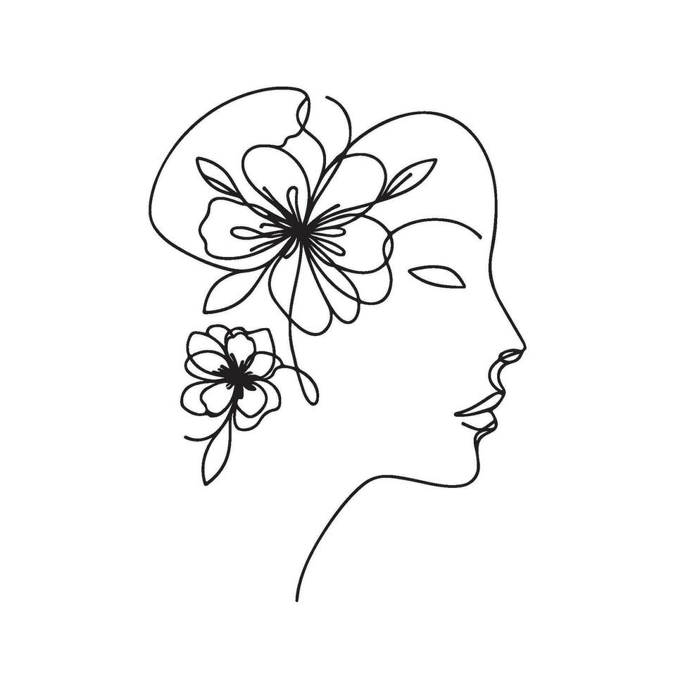 minimaliste visage avec fleurs ligne art vecteur