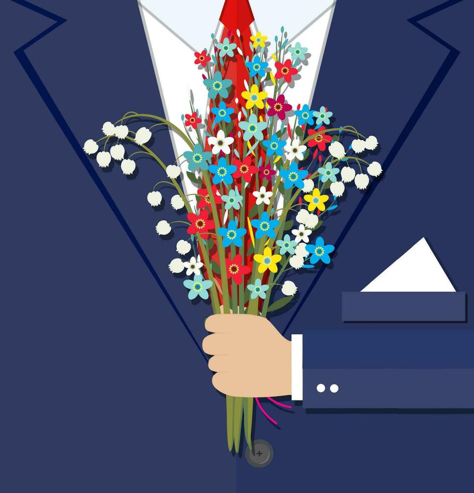 dessin animé homme d'affaire main en portant bouquet fleurs vecteur