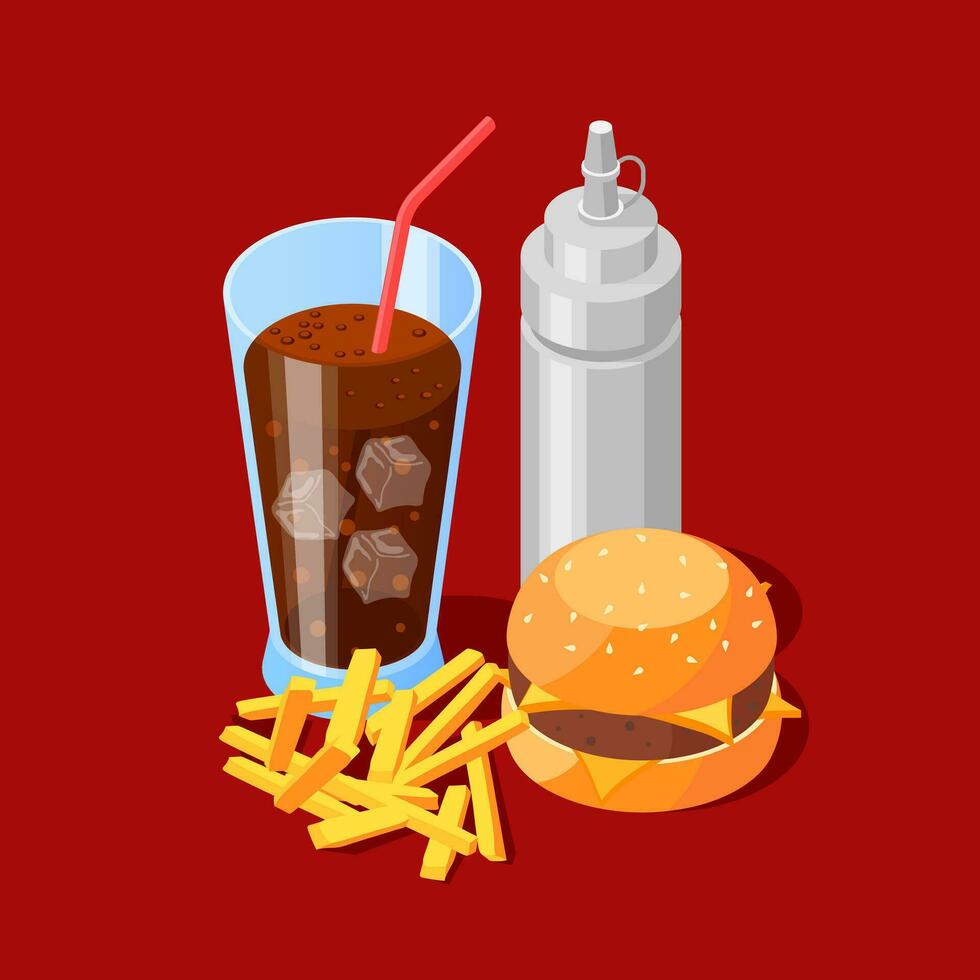 Burger, un soda, français frites et sauce vecteur