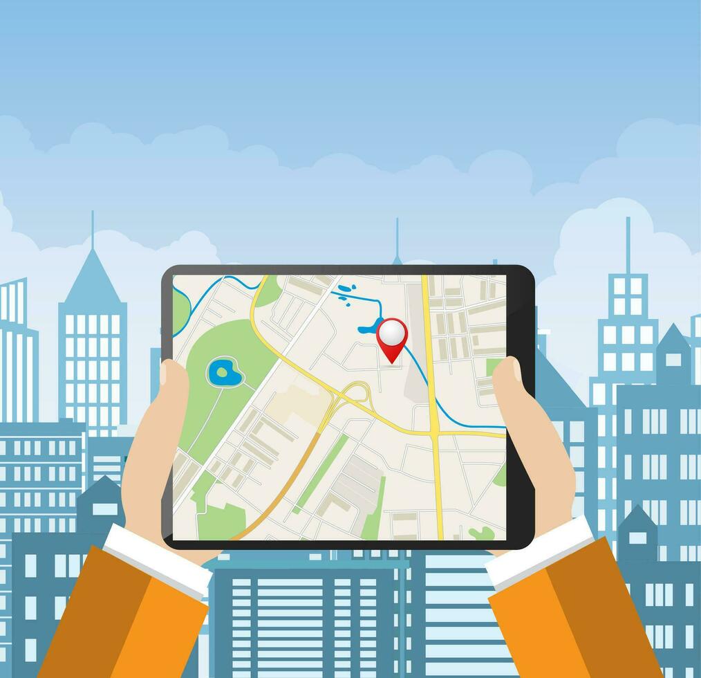 main détient tablette PC avec la navigation app contre vecteur
