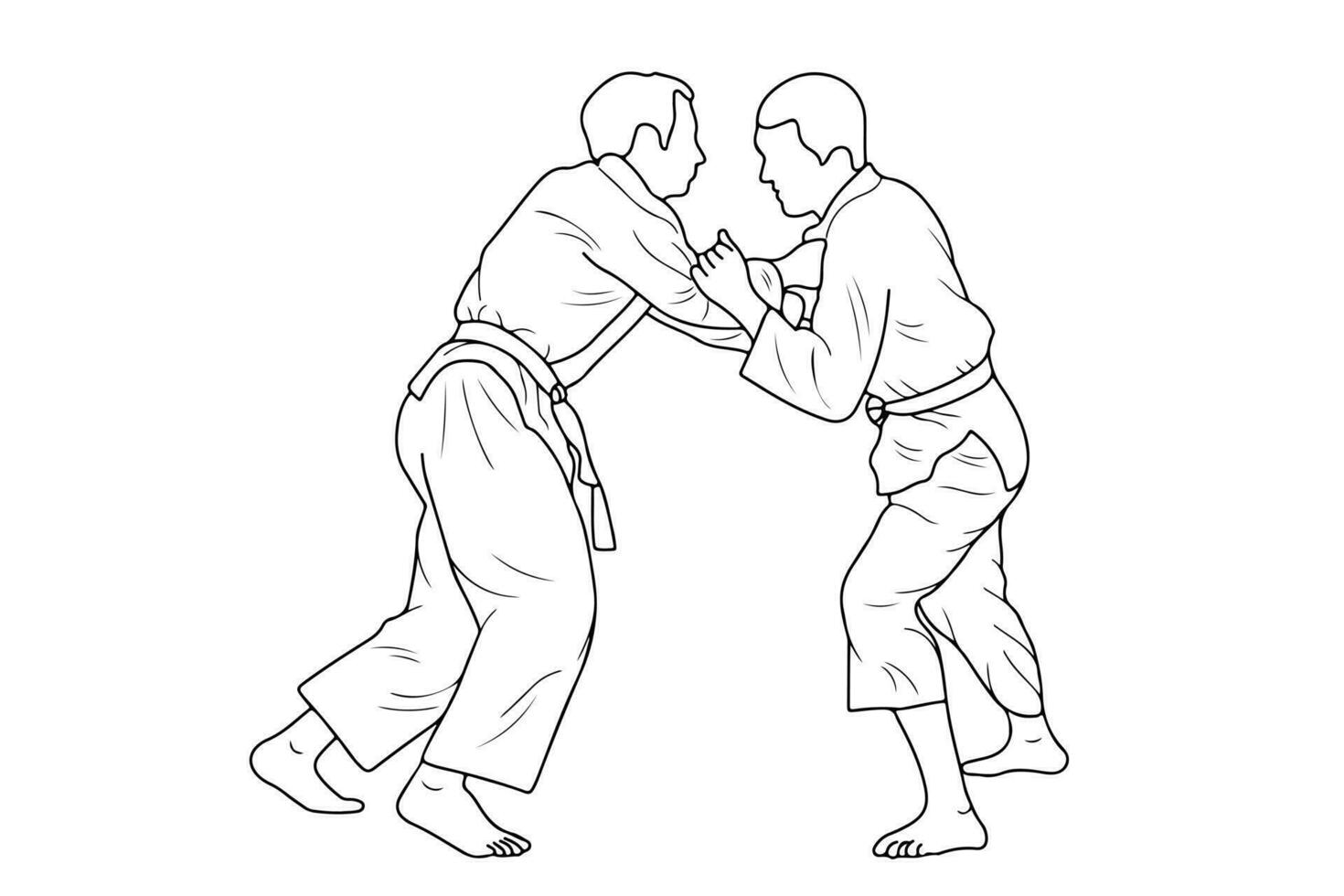 ligne dessin de deux Jeune sportif judoka combattant. judaïsme, judoka, athlète, duel, lutte, judo vecteur