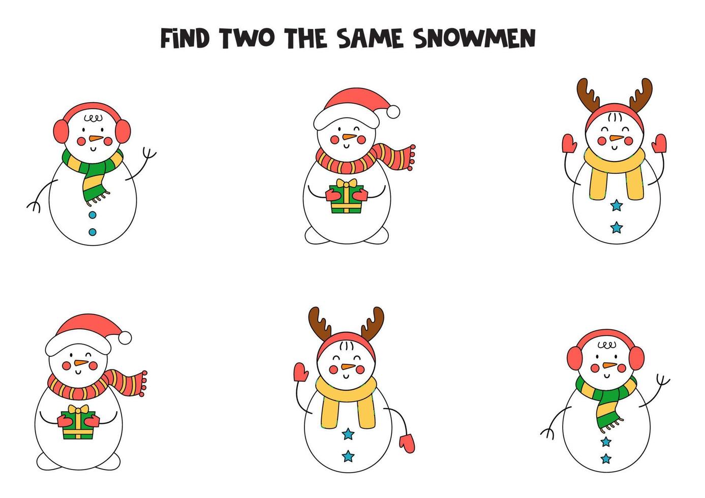 trouver deux bonhommes de neige de Noël identiques. jeu éducatif pour les enfants d'âge préscolaire. vecteur