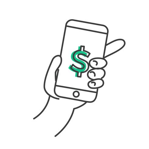 Main avec un téléphone sur lequel l&#39;icône de signe dollar. App pour le paiement en ligne et la planification financière. Illustration de ligne vectorielle vecteur