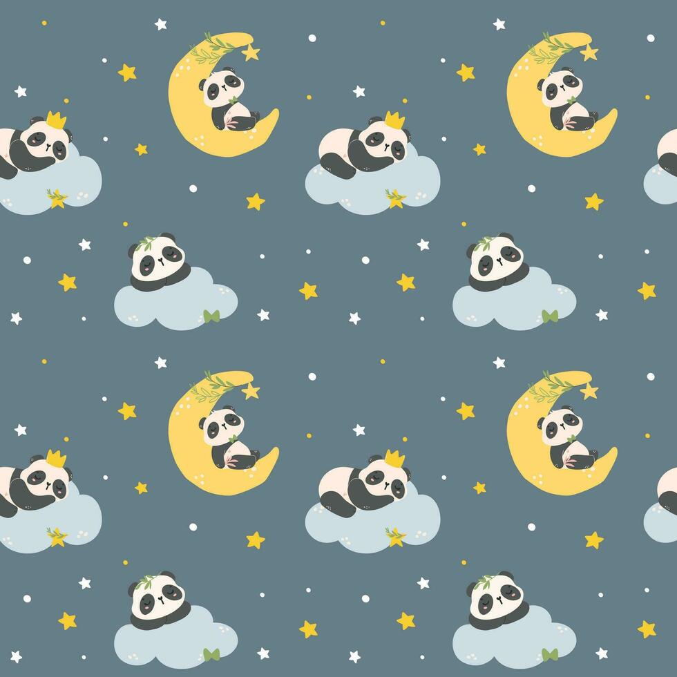 adorable dessin animé Panda en train de dormir garderie art modèle sans couture isolé sur foncé bleu Contexte. vecteur