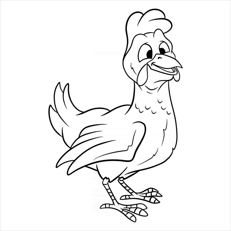 Poulet drôle de personnage animal dans un livre de coloriage de style ligne vecteur