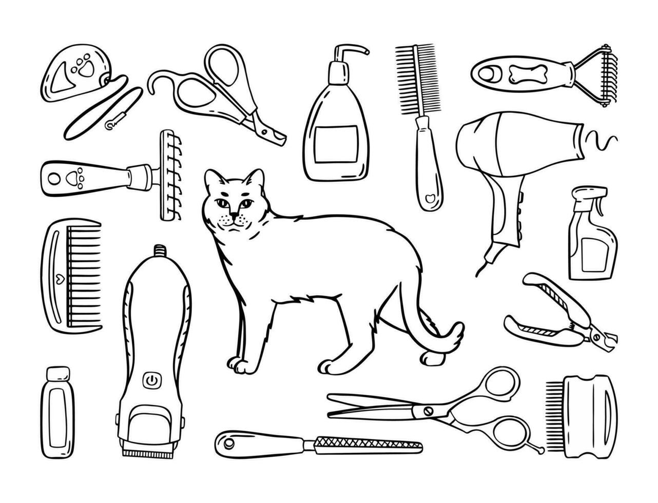 animal de compagnie toilettage ensemble. salon pour animaux. griffonnage style animal et personnage main dessiné. vecteur illustration.