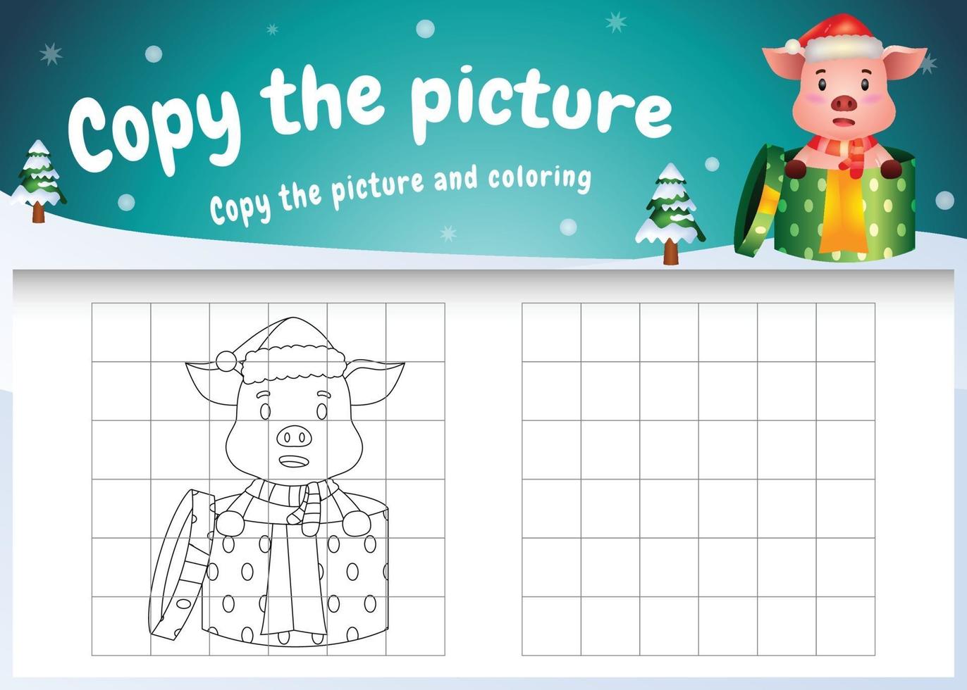 copiez le jeu d'enfants et la page à colorier avec un cochon mignon utilisant un costume de noël vecteur
