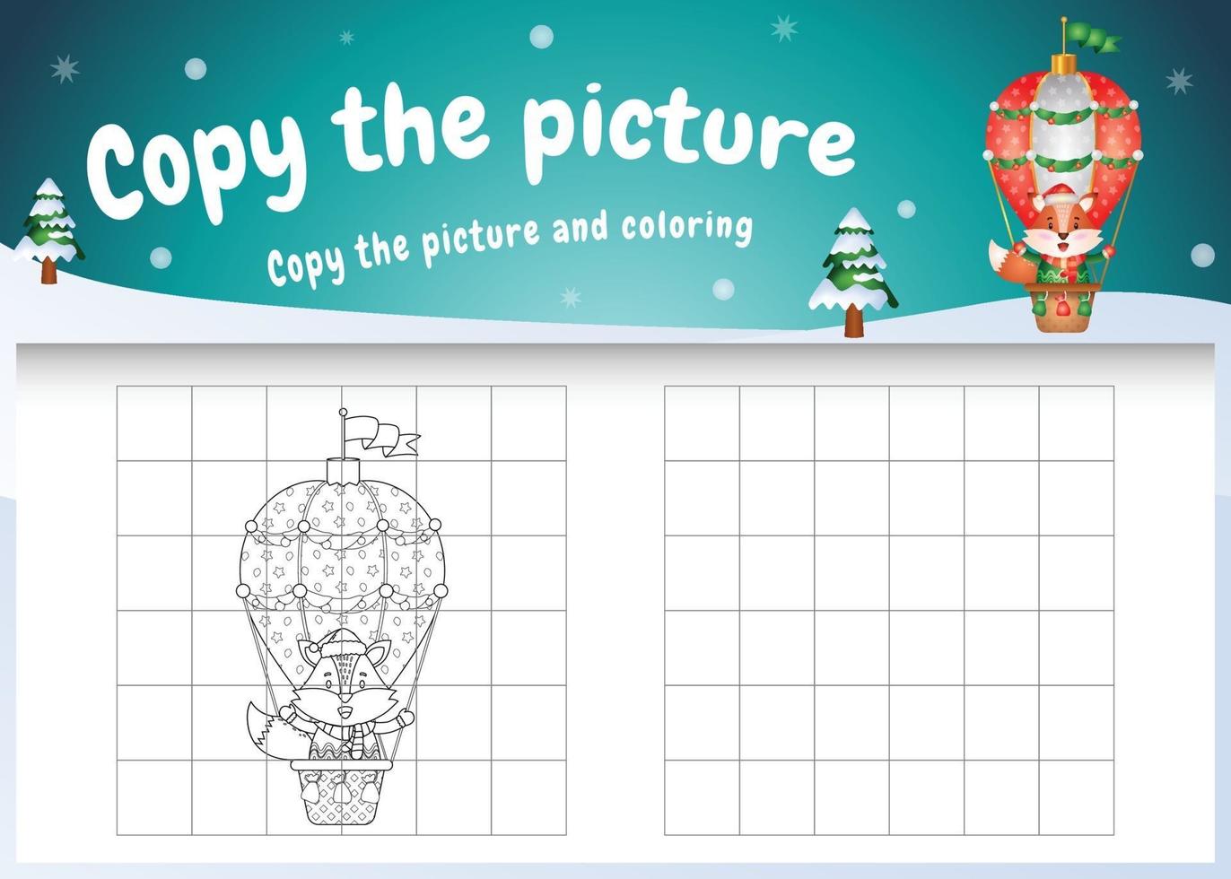 copiez le jeu d'enfants et la page de coloriage avec un renard mignon sur une montgolfière vecteur
