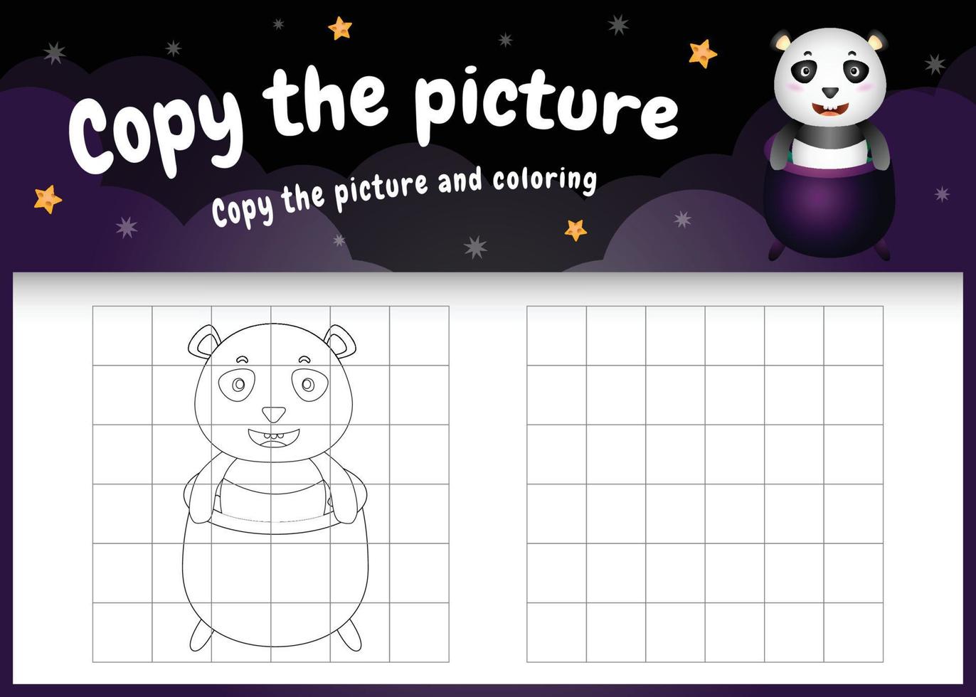 copiez le jeu d'enfants et la page à colorier avec un panda mignon utilisant un costume d'halloween vecteur