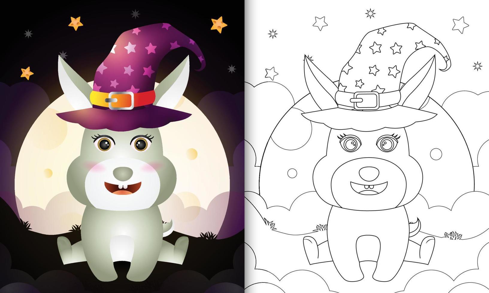 livre de coloriage avec un lapin de sorcière halloween de dessin animé mignon devant la lune vecteur