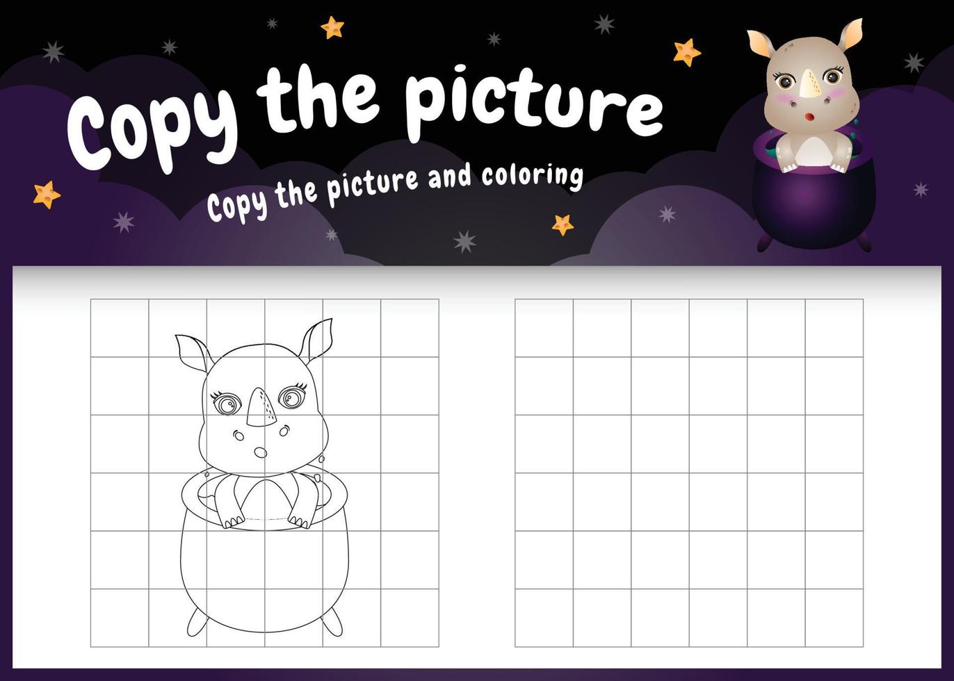 copiez le jeu d'enfants et la page à colorier avec un rhinocéros mignon utilisant un costume d'halloween vecteur