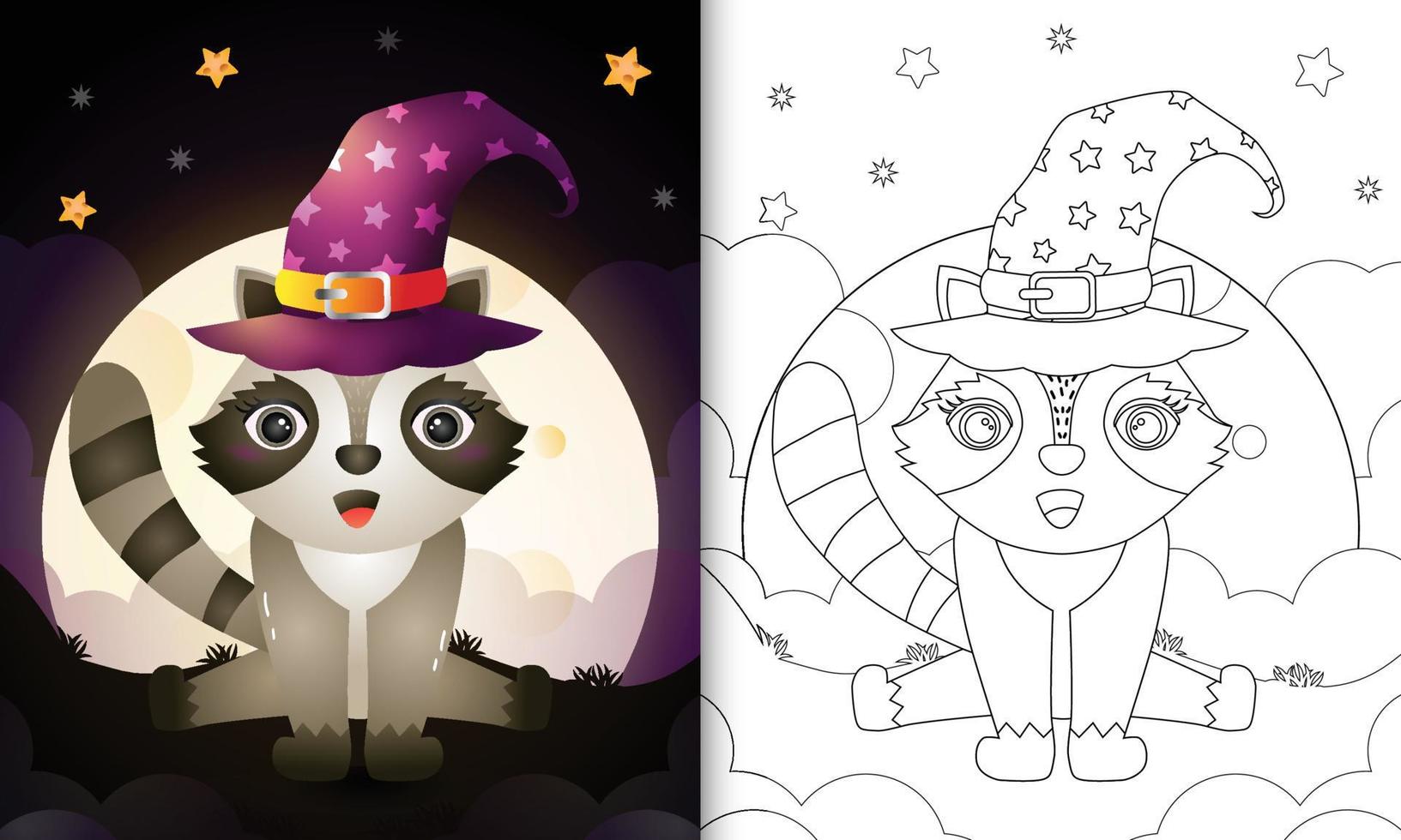 livre de coloriage avec un mignon dessin animé halloween sorcière raton laveur devant la lune vecteur