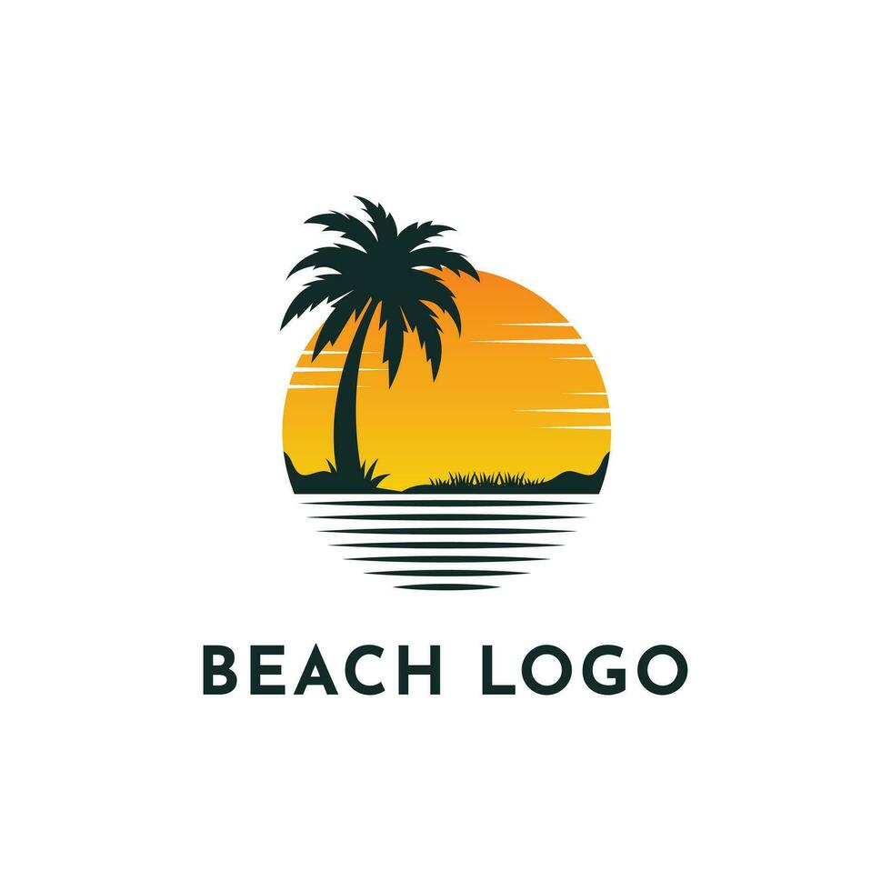 plage logo conception idée avec paume arbre et Soleil vecteur