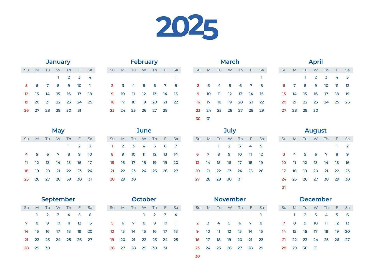 2025 calendrier vecteur modèle. la semaine départs sur dimanche