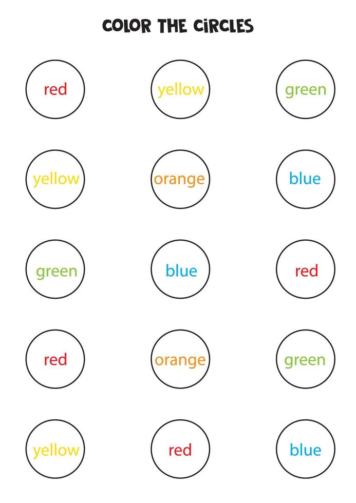 colorie les cercles. feuille de travail éducative pour apprendre les couleurs. vecteur