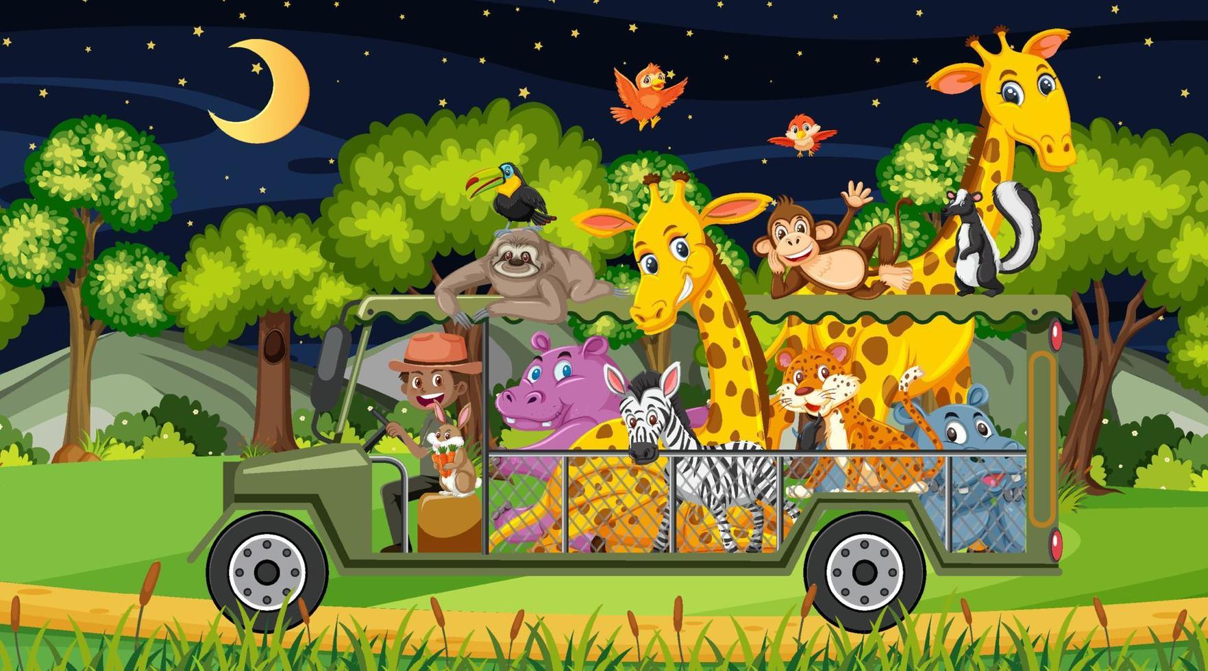 concept de zoo avec groupe d'animaux sauvages dans la voiture de tourisme vecteur