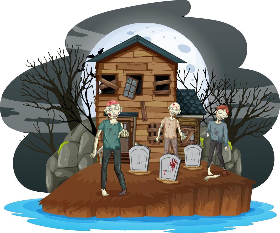 zombies effrayants au cimetière avec maison hantée vecteur