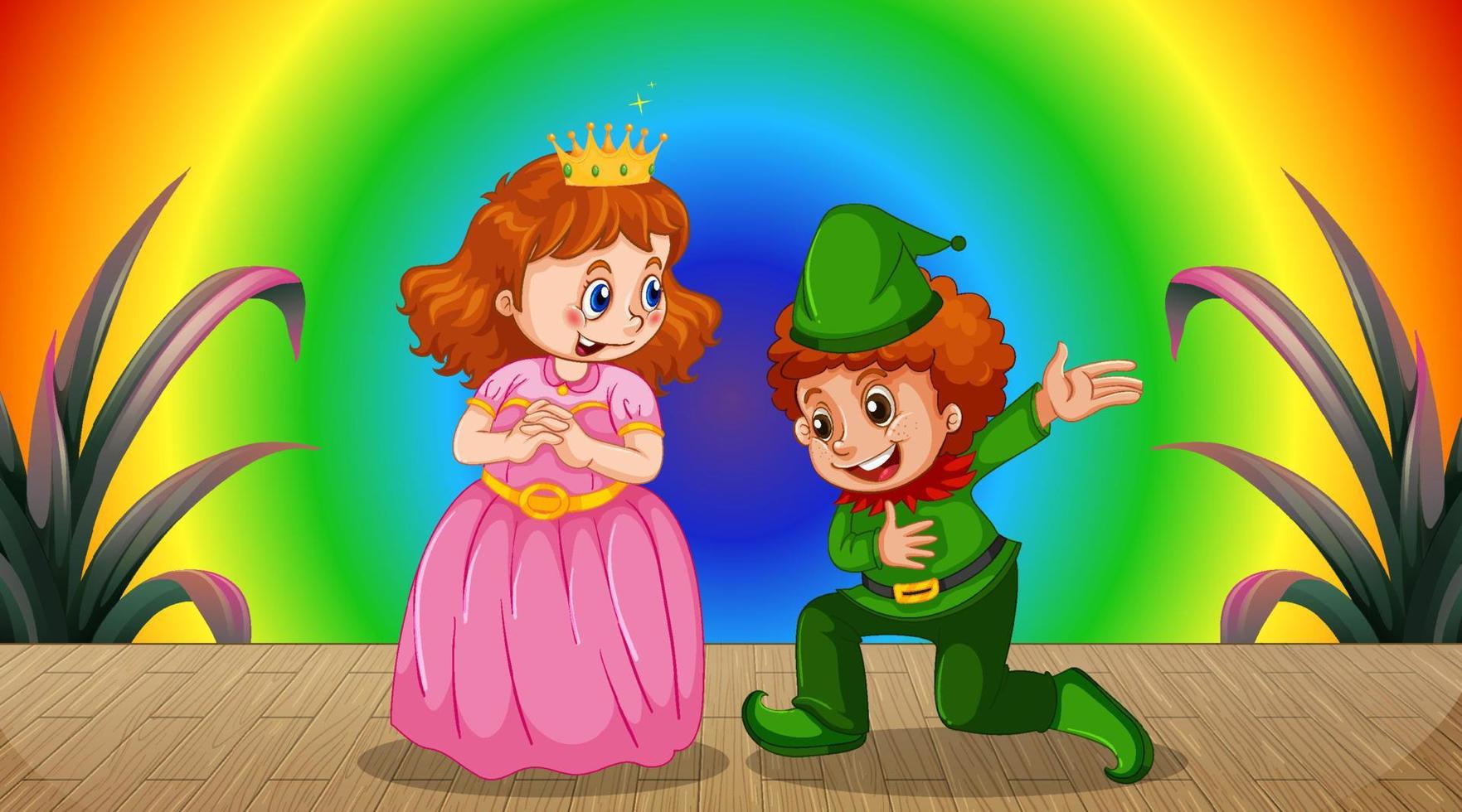 personnage de dessin animé princesse et enfant sur fond dégradé arc-en-ciel vecteur
