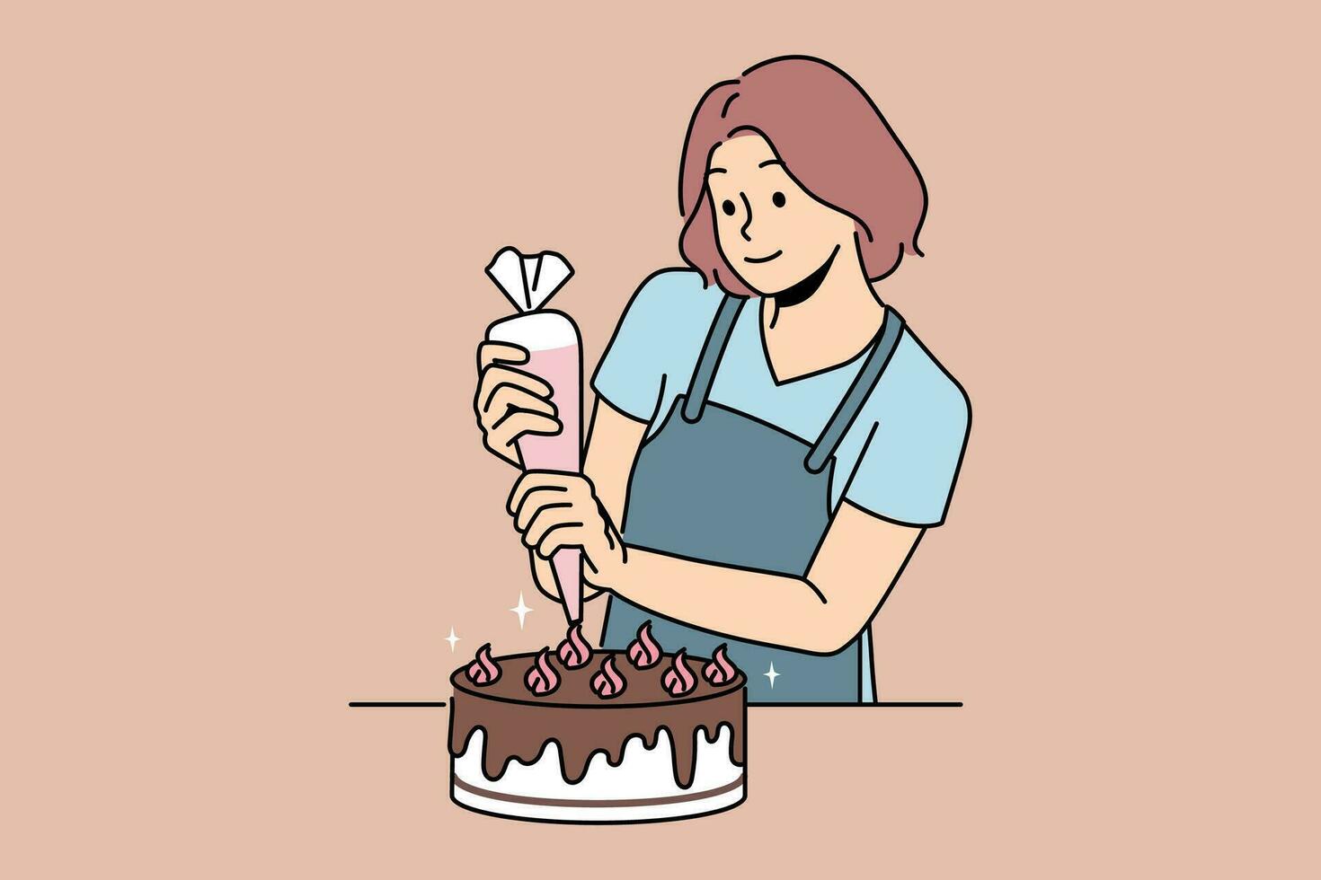 femme confiseur prépare délicieux gâteau pour anniversaire fête et décore dessert avec Chocolat et beurre crème. Jeune fille les usages Pâtisserie sac à préparer sucré gâteau pour de fête tableau. vecteur