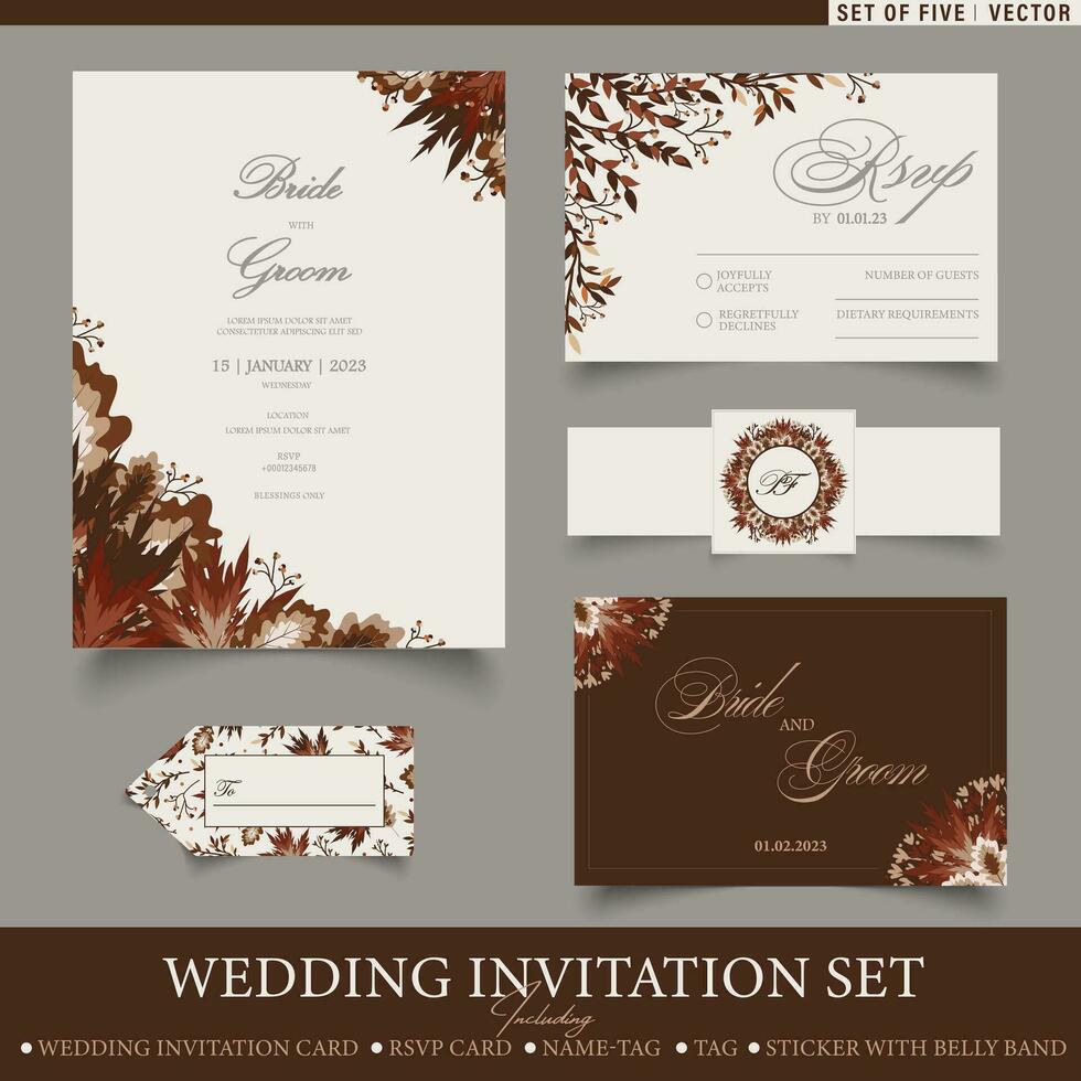 branché mariage invitation ensemble modèles. ensemble de cinq tomber à thème vecteur modèles avec floral éléments comprenant mariage carte, RSVP carte, étiquette et Nom carte.